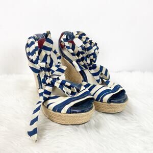 Ugg 7 Womens Blue White Striped Lucianna Strap Espadrille Wedge Sandals